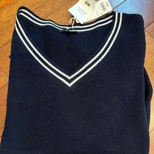 Uniqlo Navy V-Neck Sweater with White Stripe Trim
